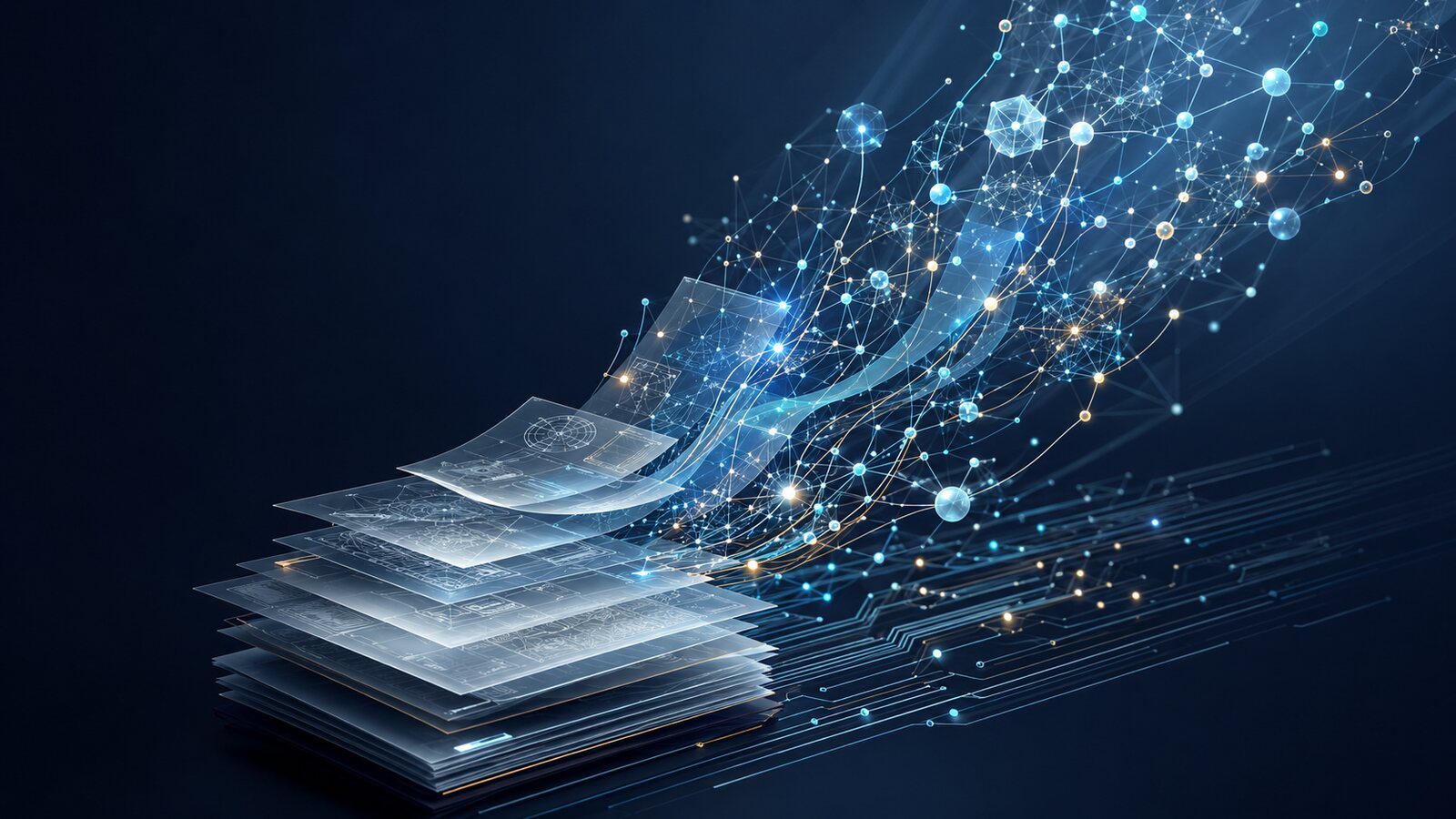 積み重なった特許明細書が、光るネットワーク状のデータへと変換されていくイメージ